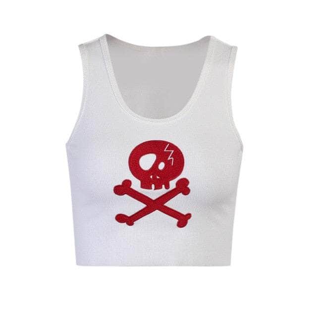 Pirate Skull Embroidery White Ribbed TankTop