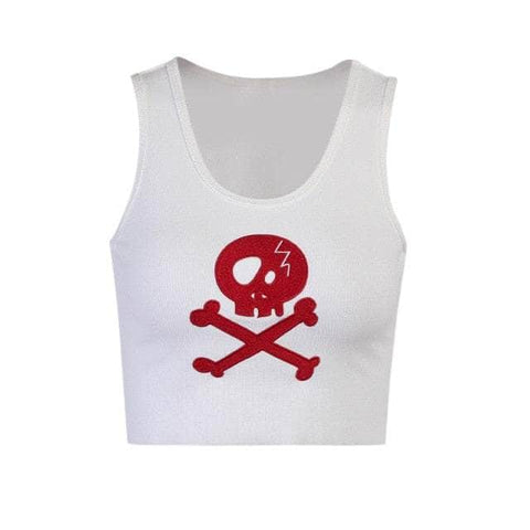 Pirate Skull Embroidery White Ribbed TankTop