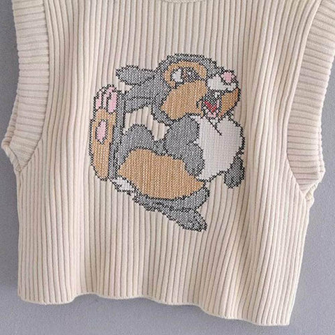 Bambi Thumper Rabbit Embroidery Knitted Crop Jumper