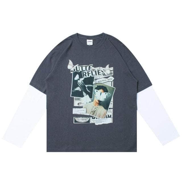 Portrait BUT-lies Paneled Fake Two Pieces Long Sleeve Tee
