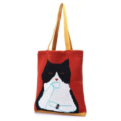 Coffee Cat Knitted Tote Bag